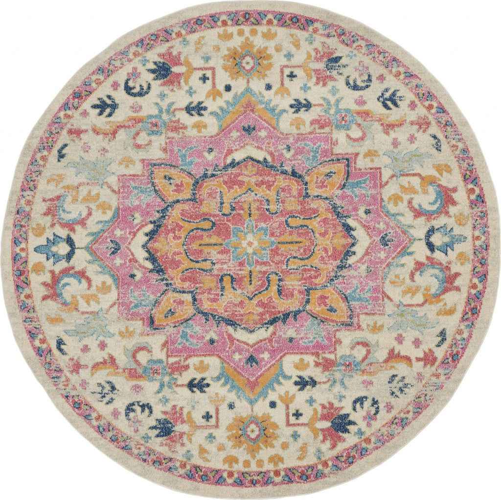8' Pink And Ivory Round Southwestern Dhurrie Area Rug