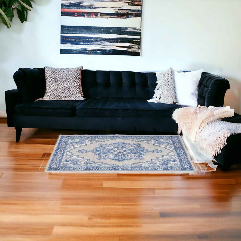 6' X 9' Blue Gray Floral Dhurrie Area Rug