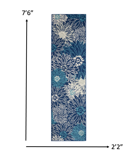 8' Blue And Ivory Floral Power Loom Runner Rug