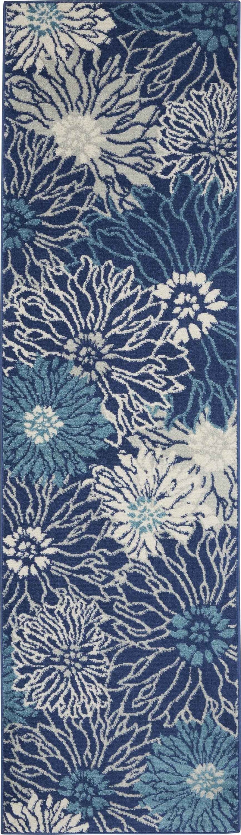 8' Blue And Ivory Floral Power Loom Runner Rug
