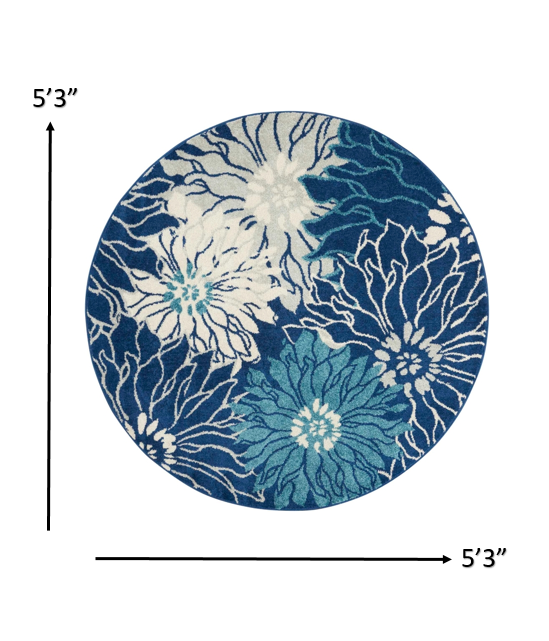 5' Blue And Ivory Round Floral Dhurrie Area Rug