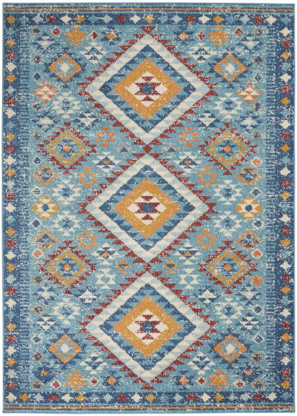 4' X 6' Blue And Orange Geometric Dhurrie Area Rug
