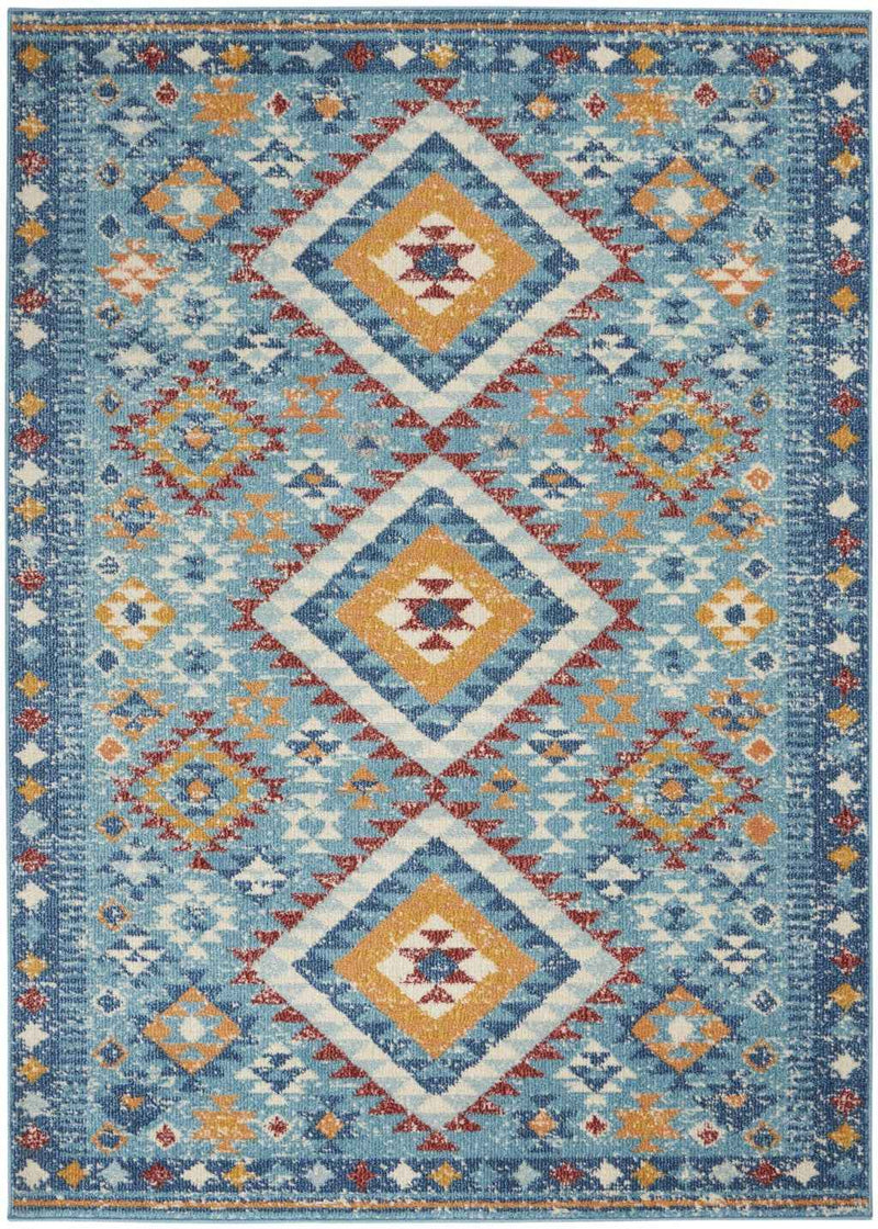 4' X 6' Blue And Orange Geometric Dhurrie Area Rug