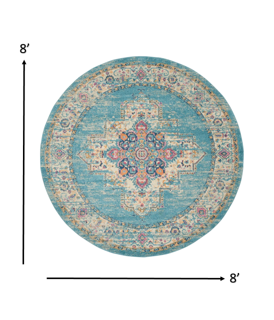 8' Light Blue Round Southwestern Power Loom Area Rug