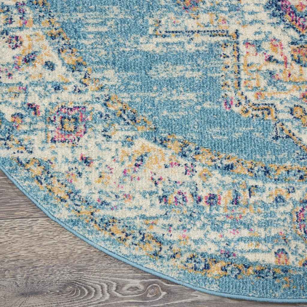 8' Light Blue Round Southwestern Power Loom Area Rug