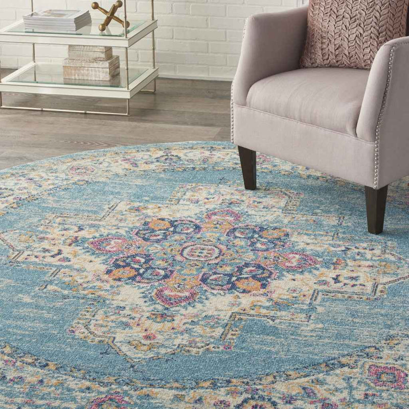 8' Light Blue Round Southwestern Power Loom Area Rug