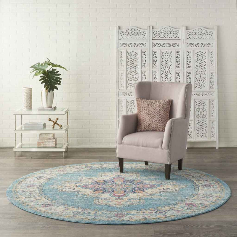 8' Light Blue Round Southwestern Power Loom Area Rug