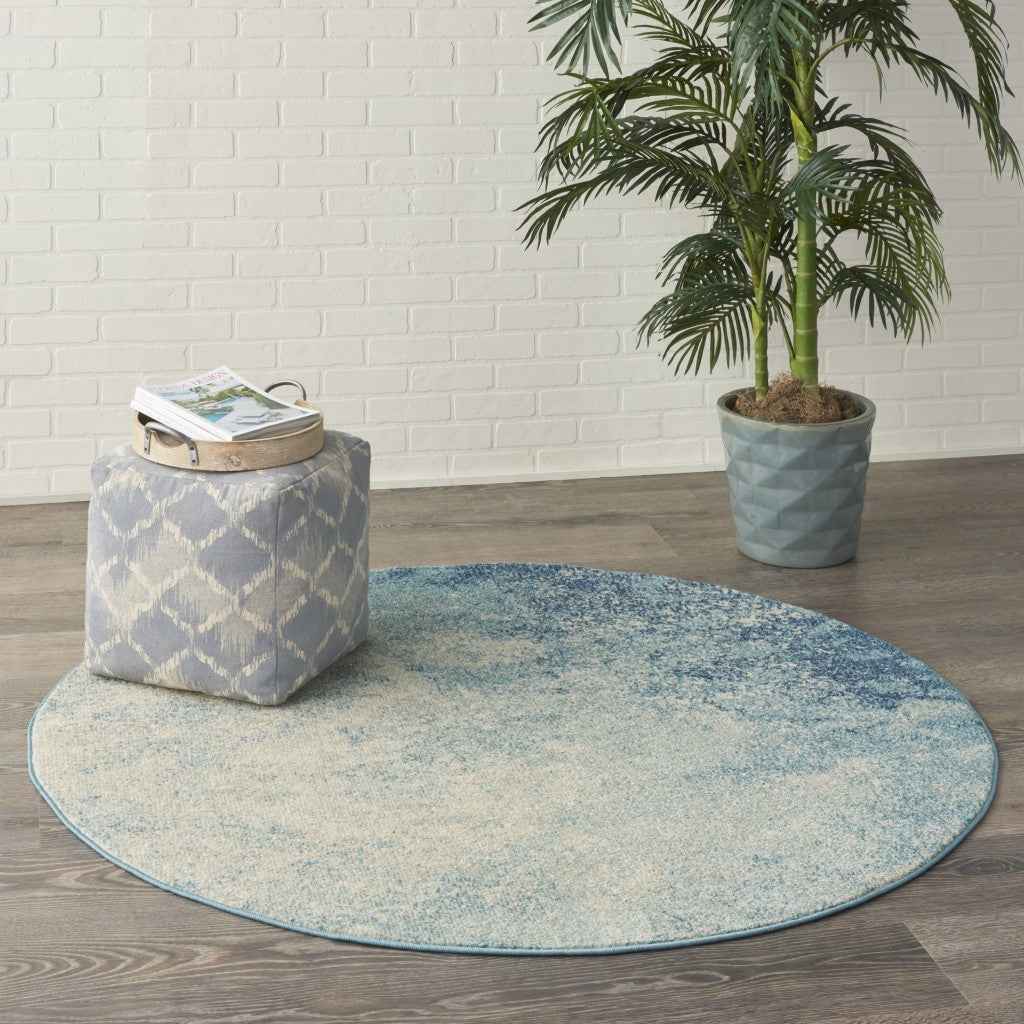 4' Ivory And Blue Round Abstract Power Loom Area Rug