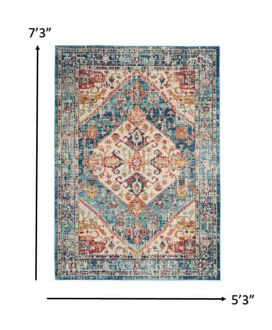 5' X 7' Blue And Ivory Power Loom Area Rug