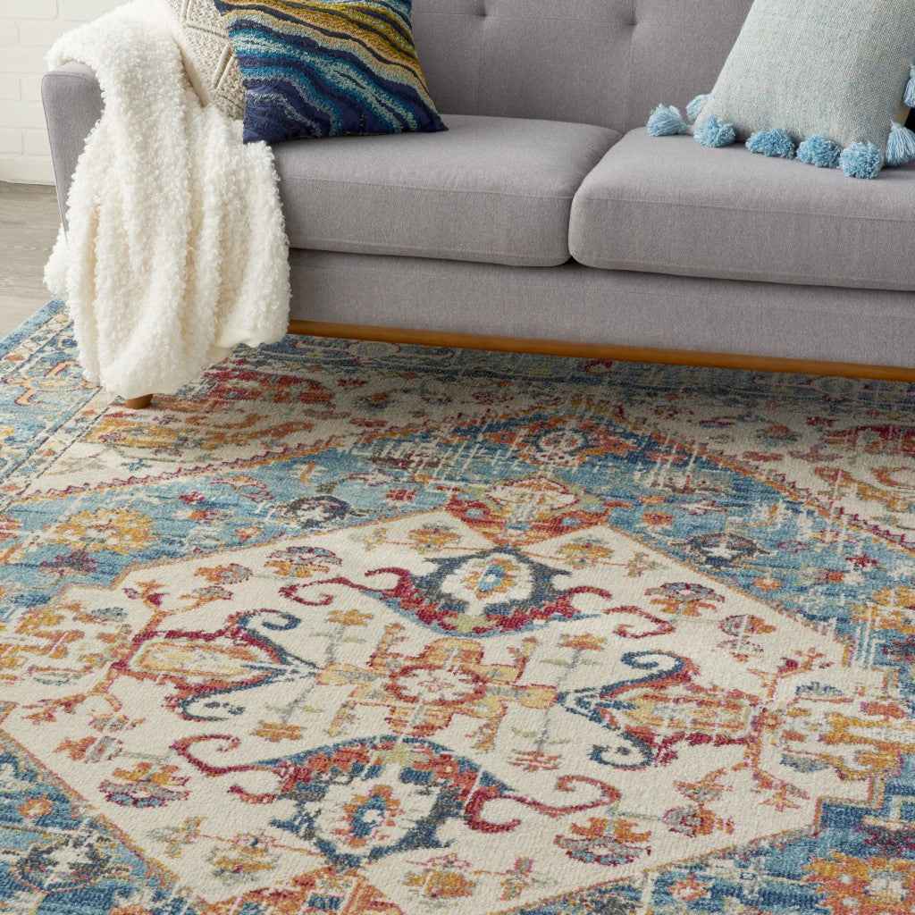 7' X 10' Blue And Ivory Power Loom Area Rug