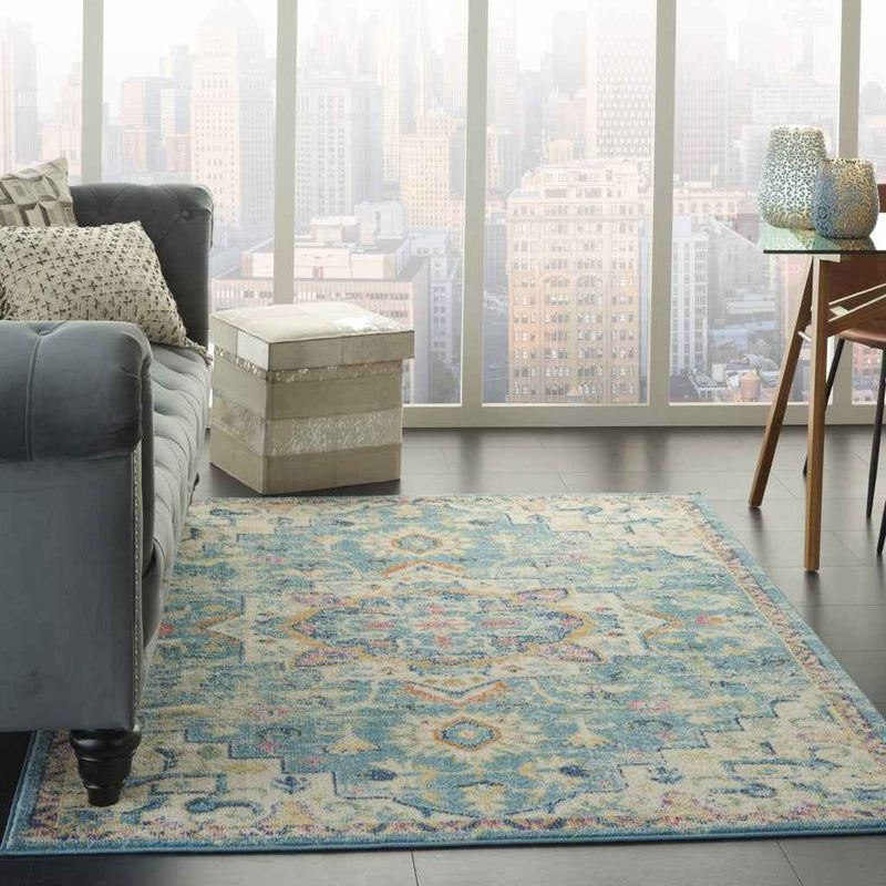 7' X 10' Blue And Ivory Dhurrie Area Rug