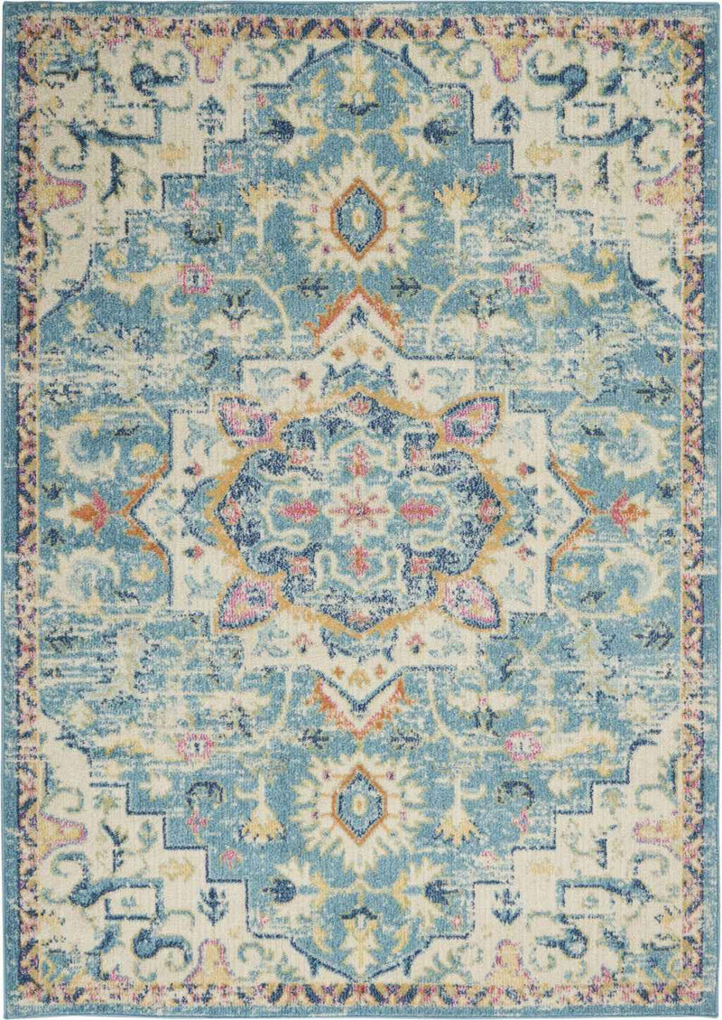 7' X 10' Blue And Ivory Dhurrie Area Rug