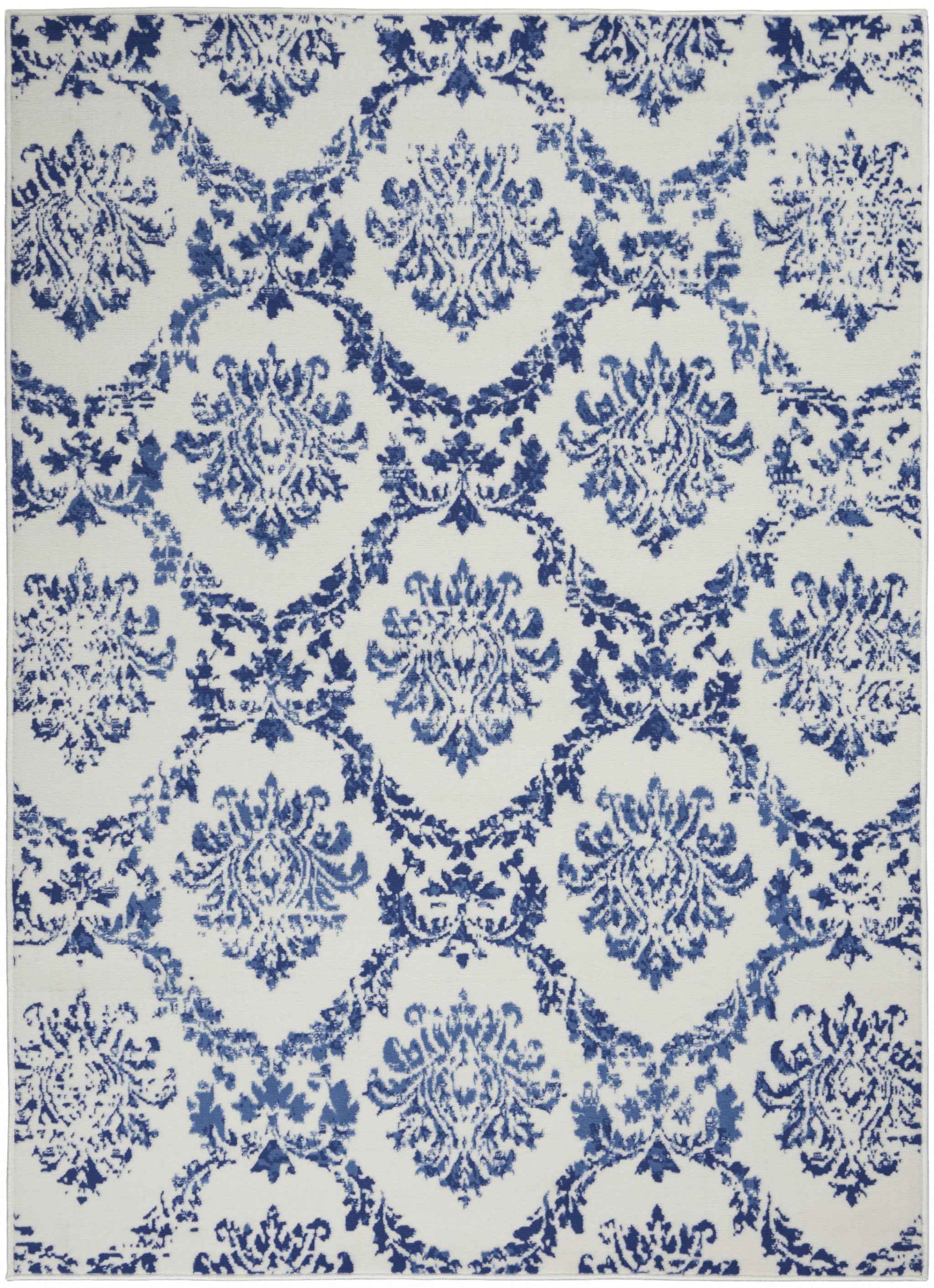 5' X 7' Blue And Ivory Floral Dhurrie Area Rug
