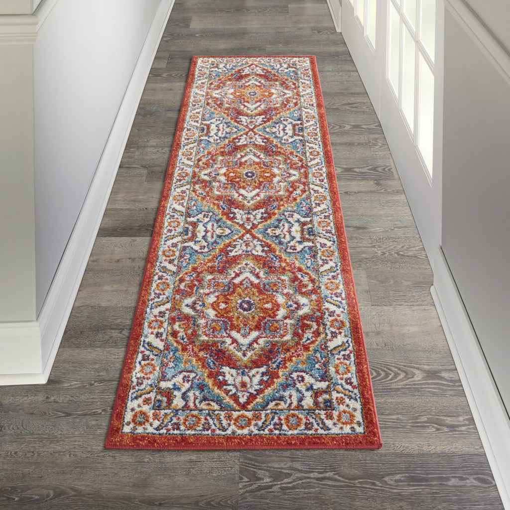 8' Red And Ivory Power Loom Runner Rug