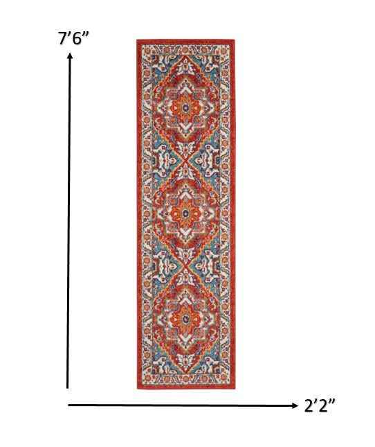 8' Red And Ivory Power Loom Runner Rug