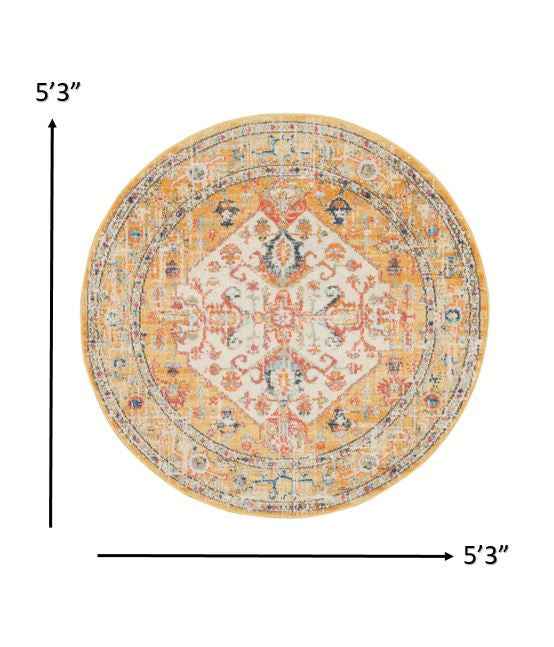 5' Yellow And Ivory Round Dhurrie Area Rug