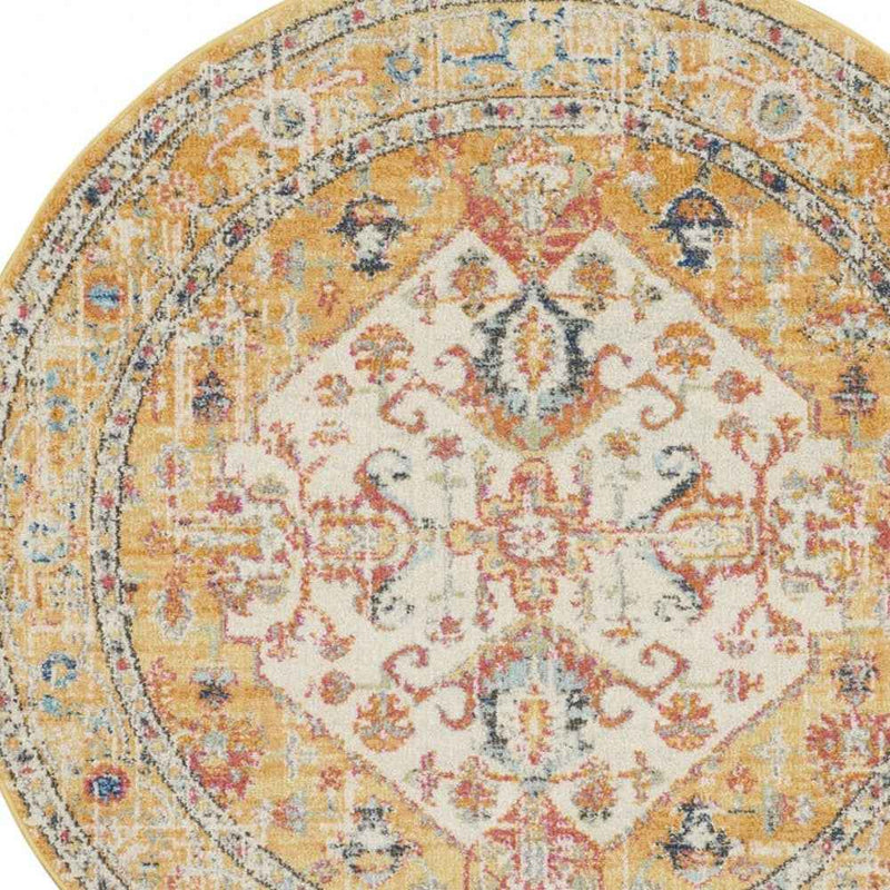 5' Yellow And Ivory Round Dhurrie Area Rug