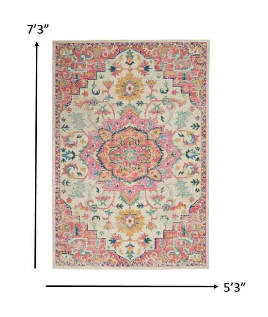5' X 7' Pink And Ivory Southwestern Dhurrie Area Rug