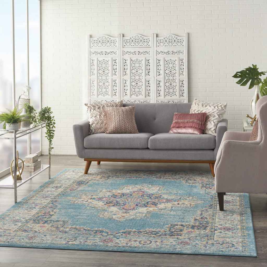 7' x 10' Blue and Ivory Medallion Power Loom Distressed Area Rug