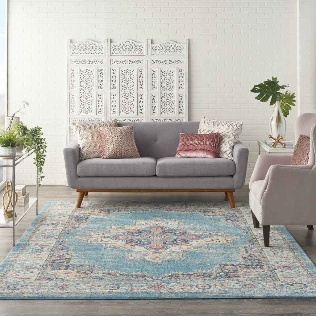 7' x 10' Blue and Ivory Medallion Power Loom Distressed Area Rug