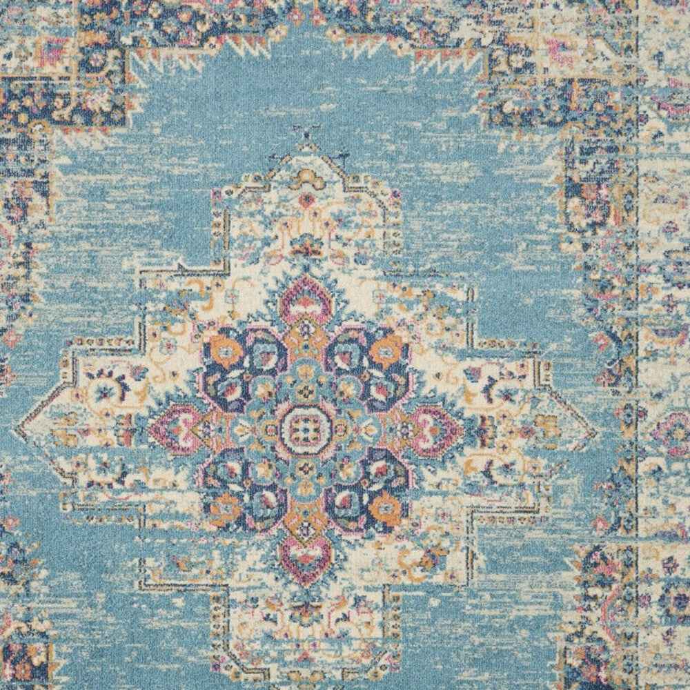 7' x 10' Blue and Ivory Medallion Power Loom Distressed Area Rug