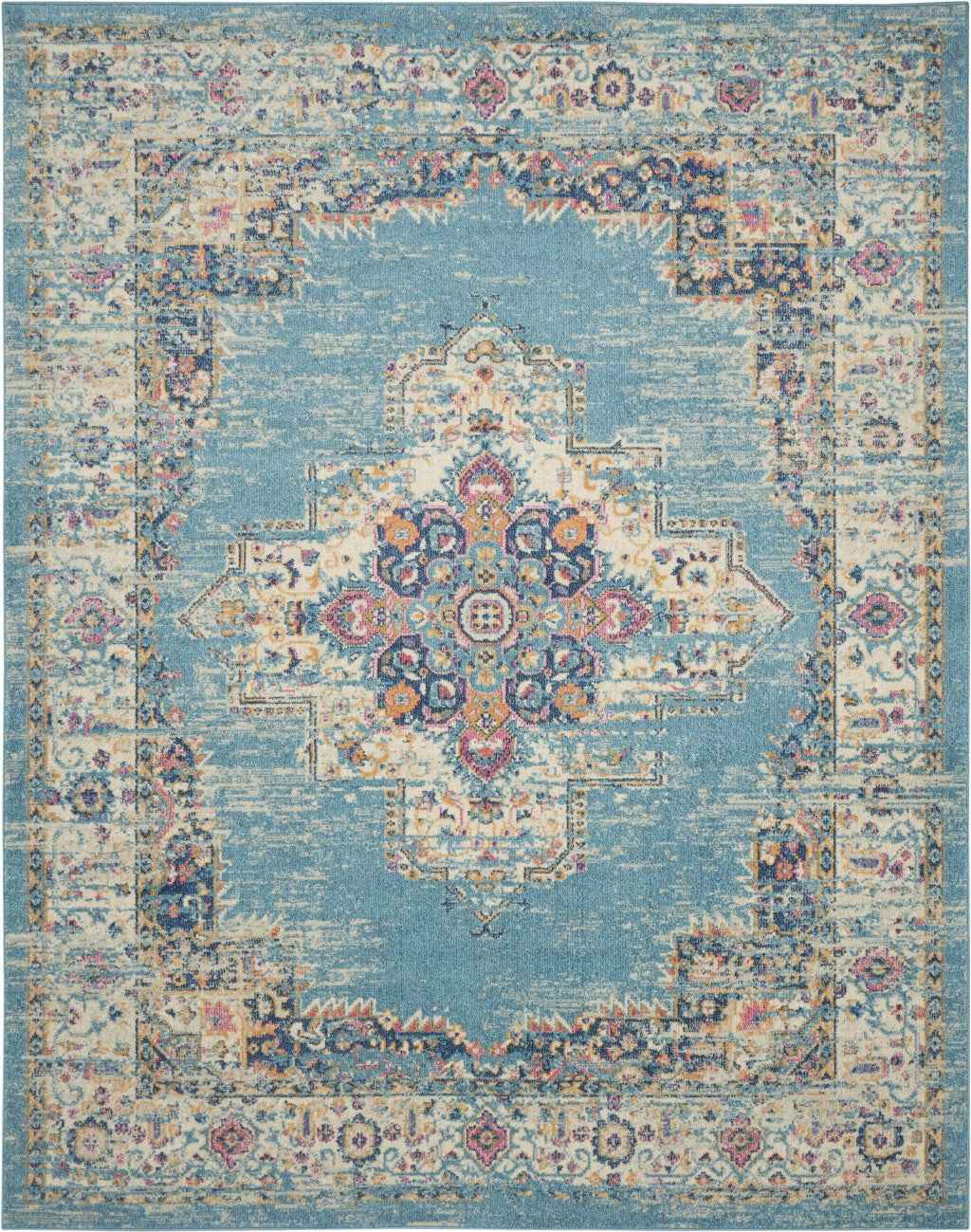 7' x 10' Blue and Ivory Medallion Power Loom Distressed Area Rug