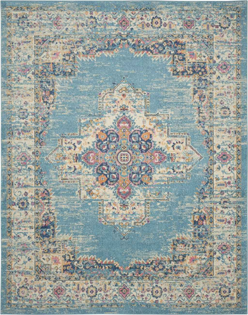 7' x 10' Blue and Ivory Medallion Power Loom Distressed Area Rug