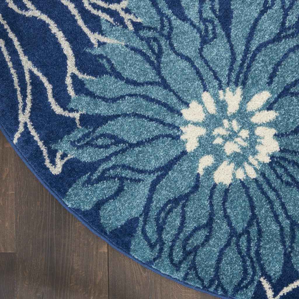 4' Blue And Ivory Round Floral Dhurrie Area Rug