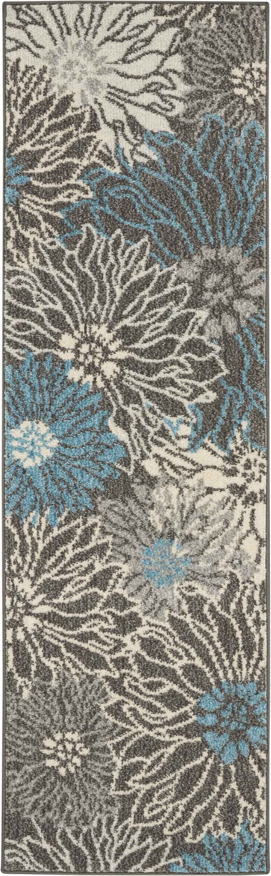 6' Blue And Gray Floral Power Loom Runner Rug