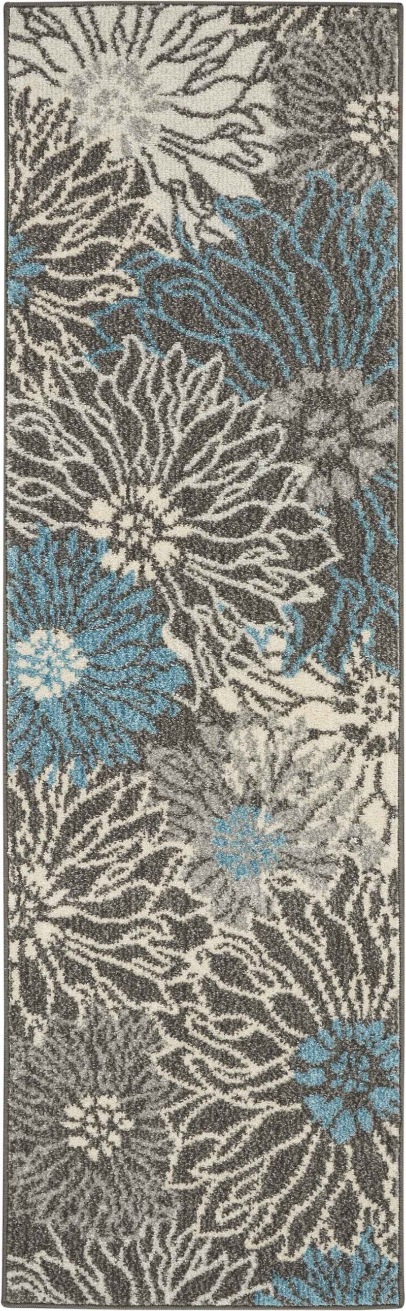 6' Blue And Gray Floral Power Loom Runner Rug