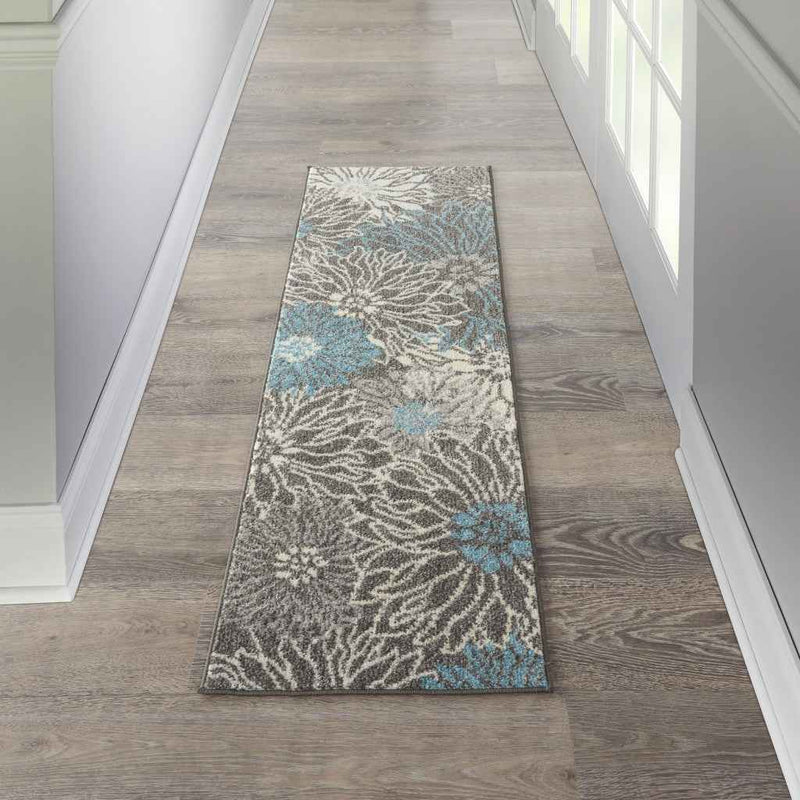 6' Blue And Gray Floral Power Loom Runner Rug