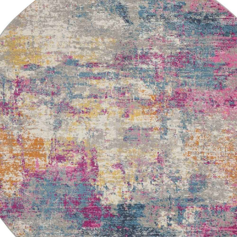 5' Blue And Pink Round Abstract Power Loom Area Rug