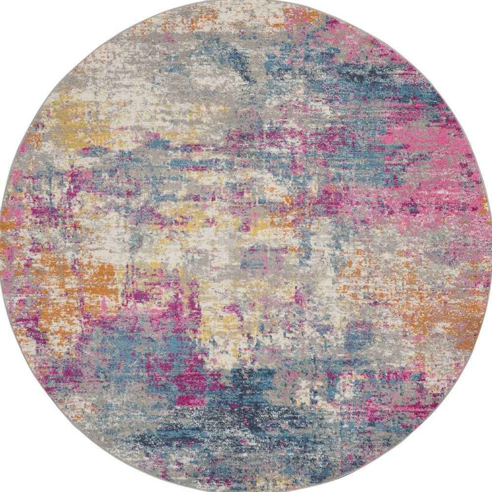 5' Blue And Pink Round Abstract Power Loom Area Rug