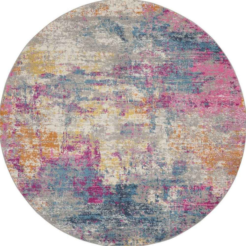 5' Blue And Pink Round Abstract Power Loom Area Rug