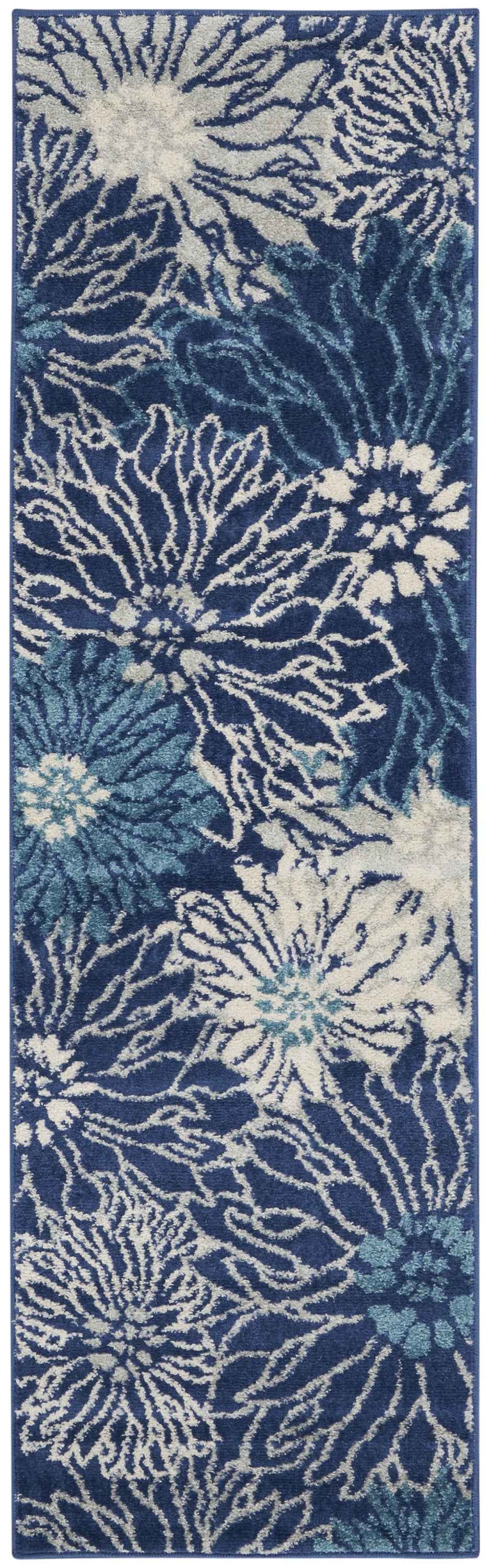 6' Blue And Ivory Floral Dhurrie Runner Rug