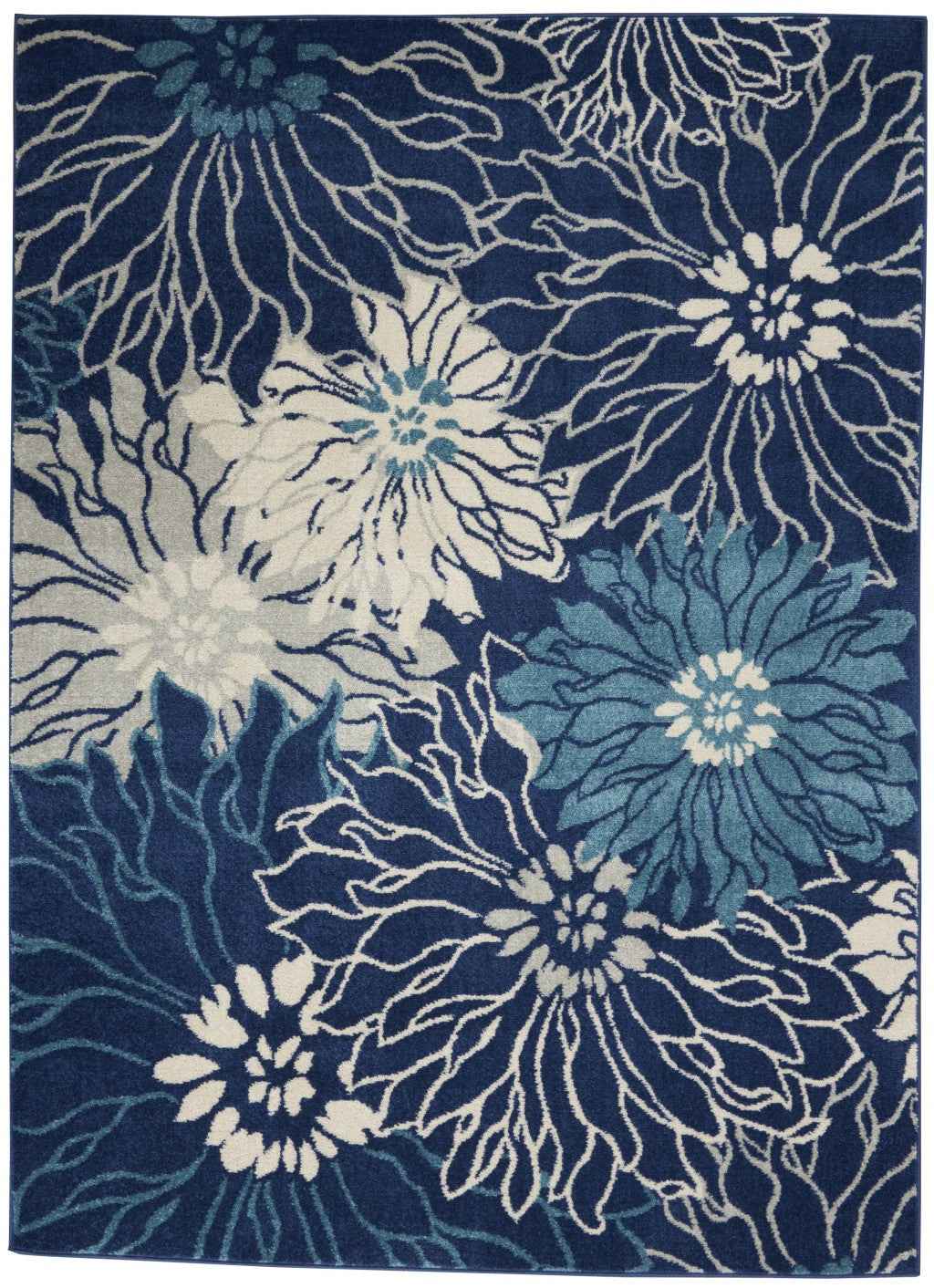 5' X 7' Blue And Ivory Floral Power Loom Area Rug