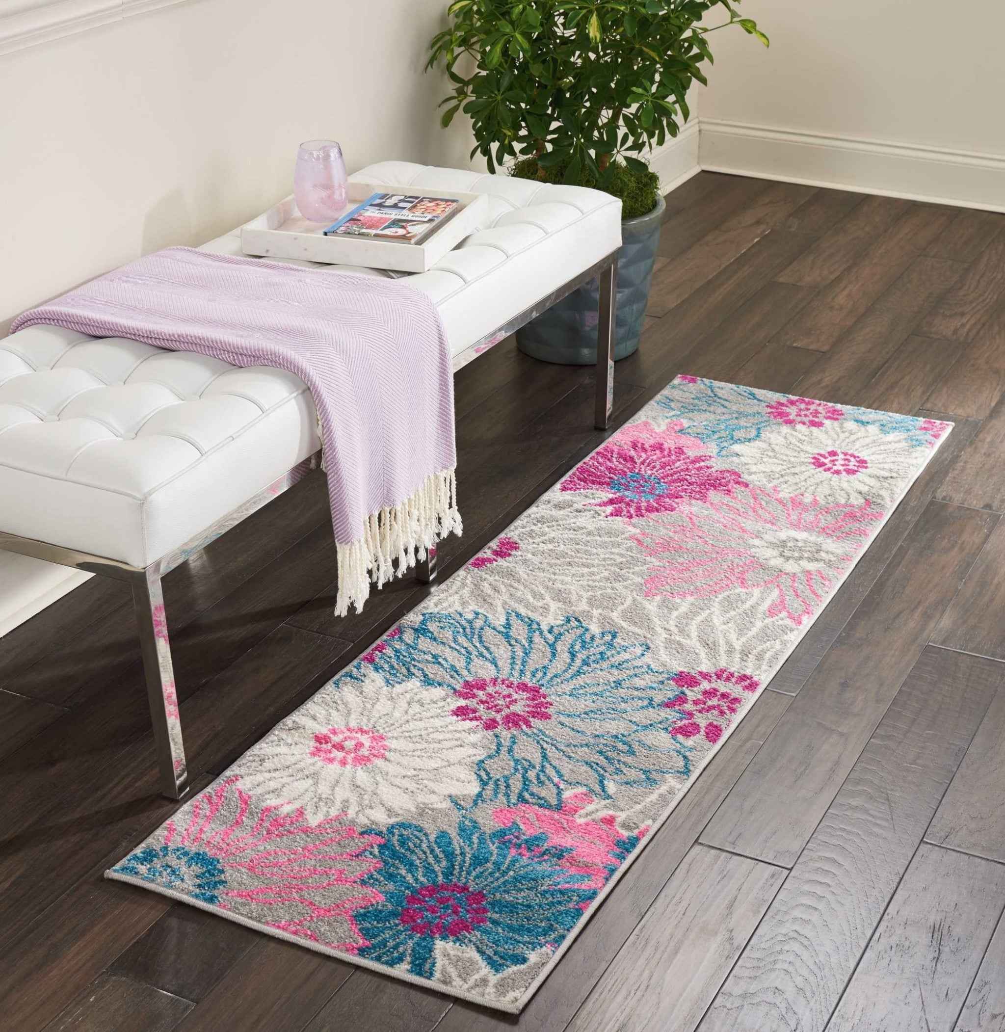 6' Gray Floral Dhurrie Runner Rug