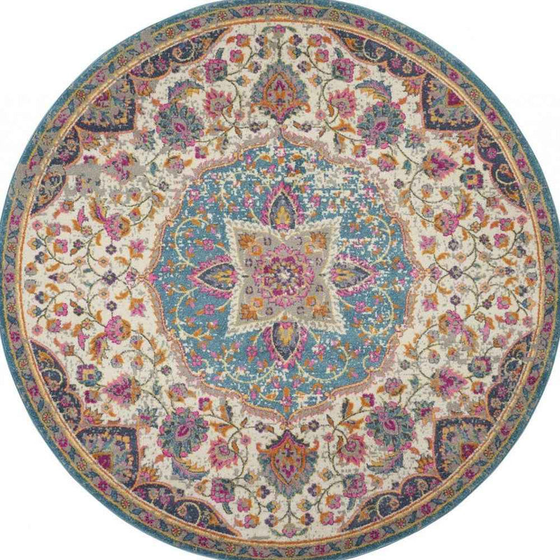 5' Pink And Green Round Dhurrie Area Rug