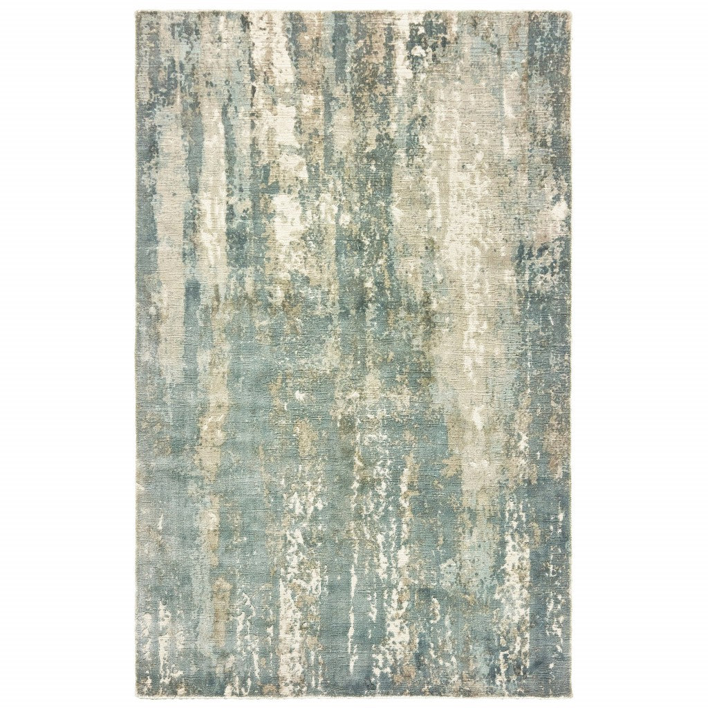 10' X 14' Blue And Gray Abstract Hand Loomed Distressed Area Rug - Home & Garden
