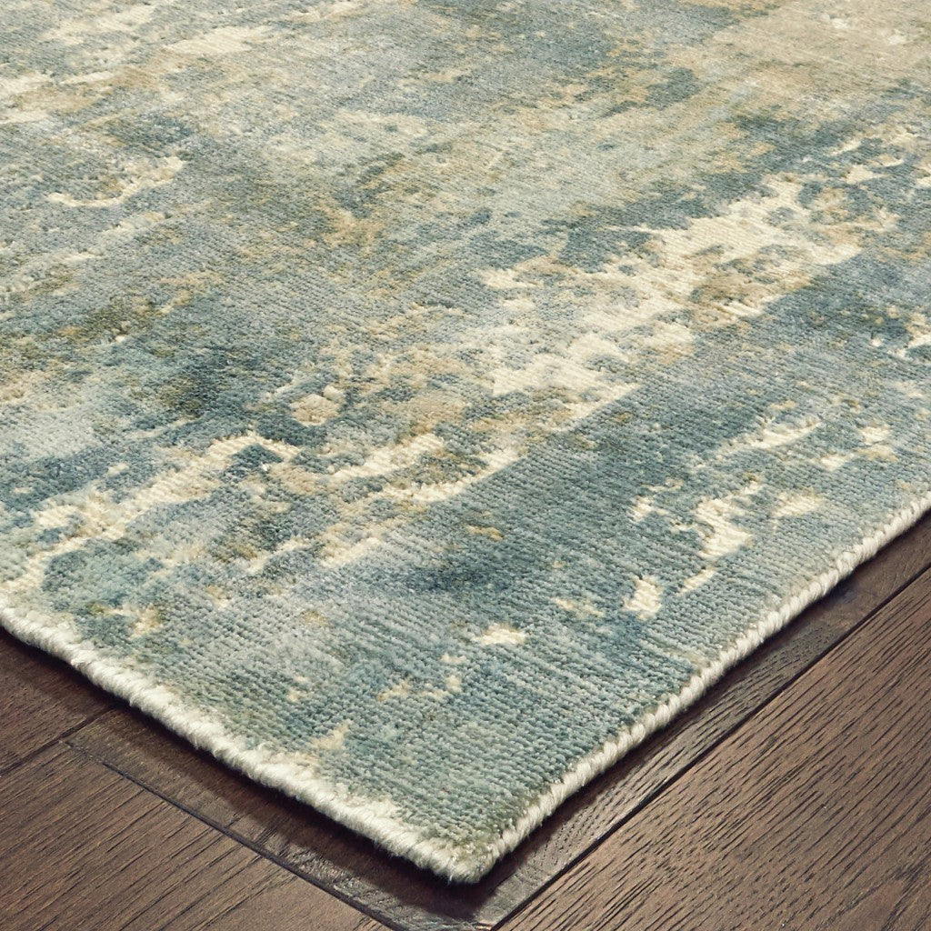 10' X 14' Blue And Gray Abstract Hand Loomed Distressed Area Rug - Home & Garden