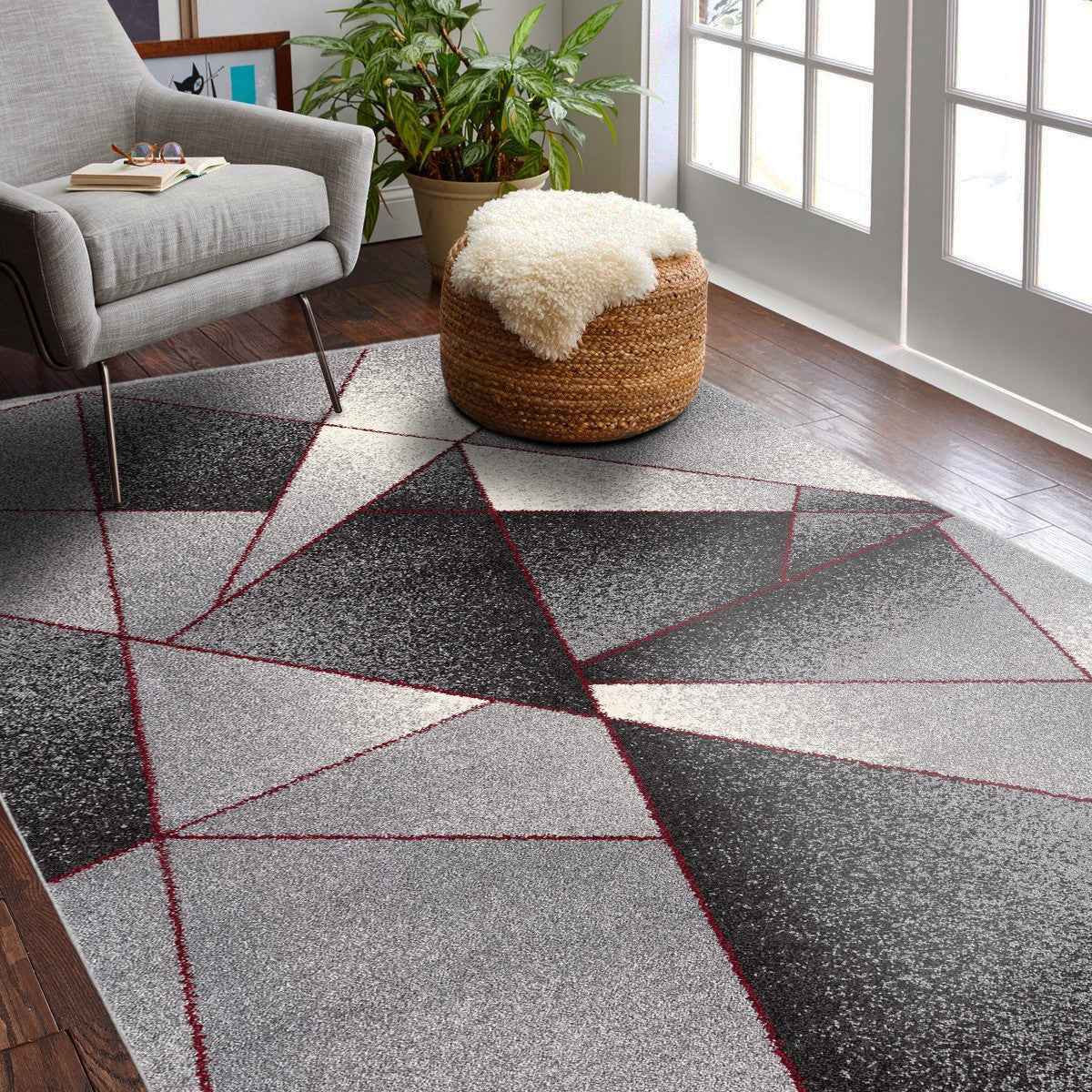 8' X 11' Grey Red Geometric Area Rug