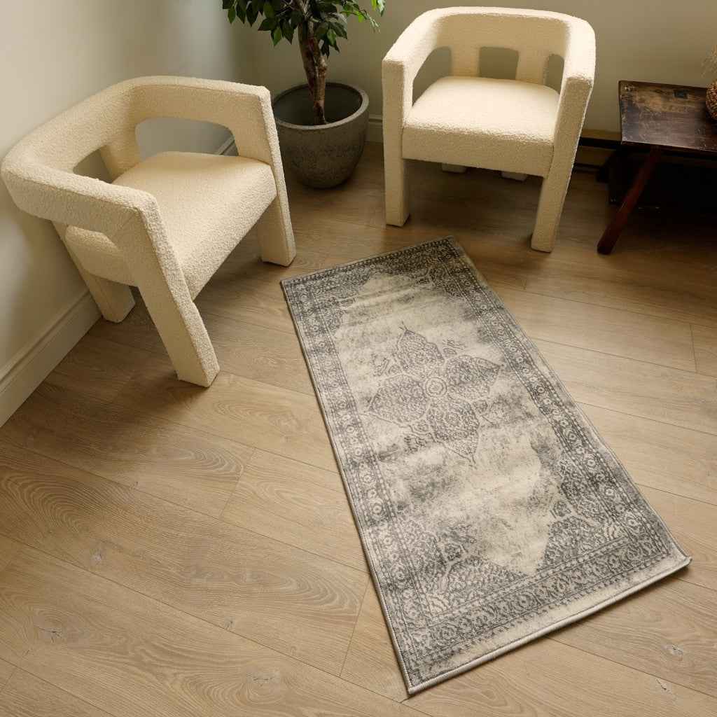 2’ X 6’ Gray Distressed Medallion Area Rug