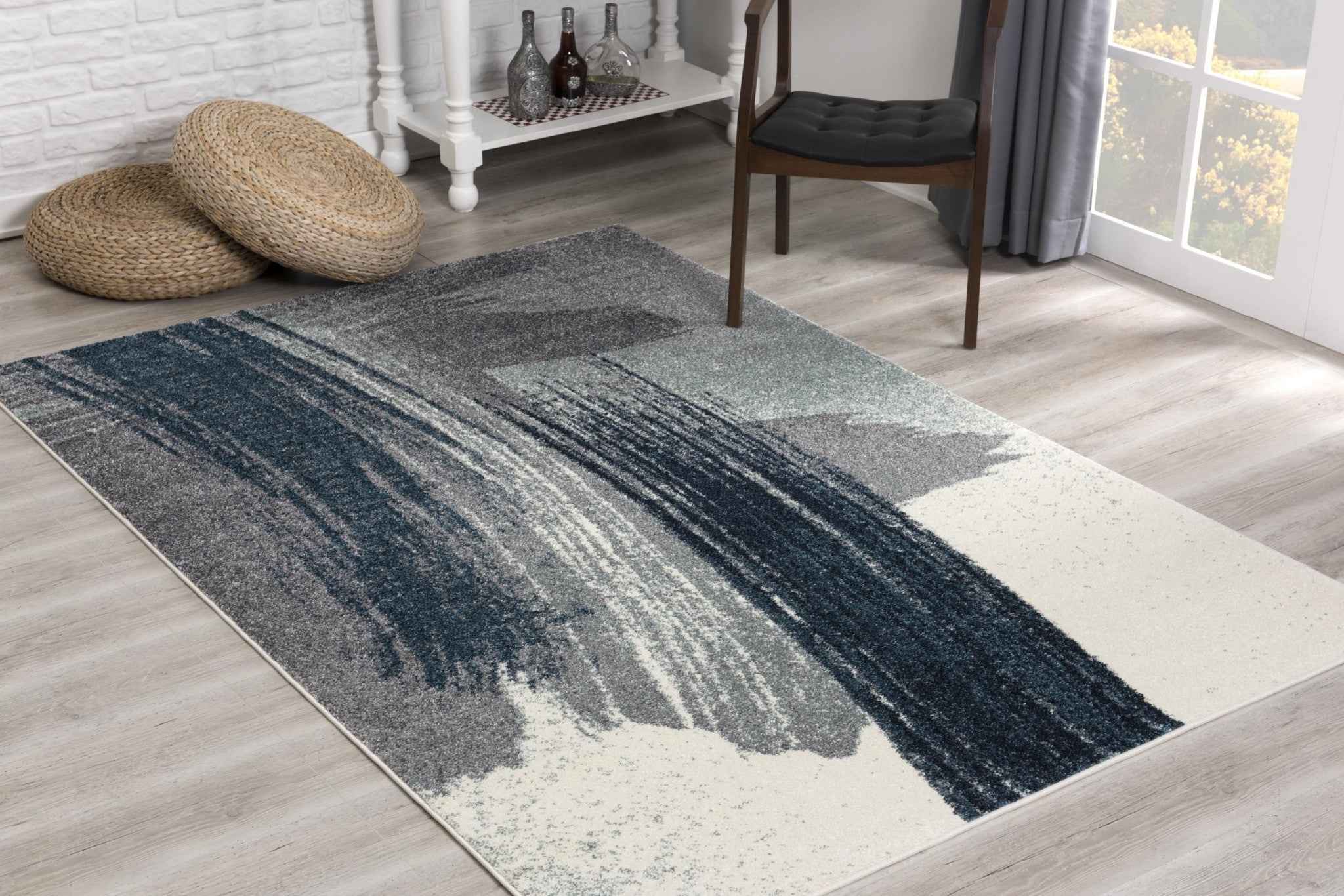 8’ X 11’ White And Blue Abstract Strokes Area Rug