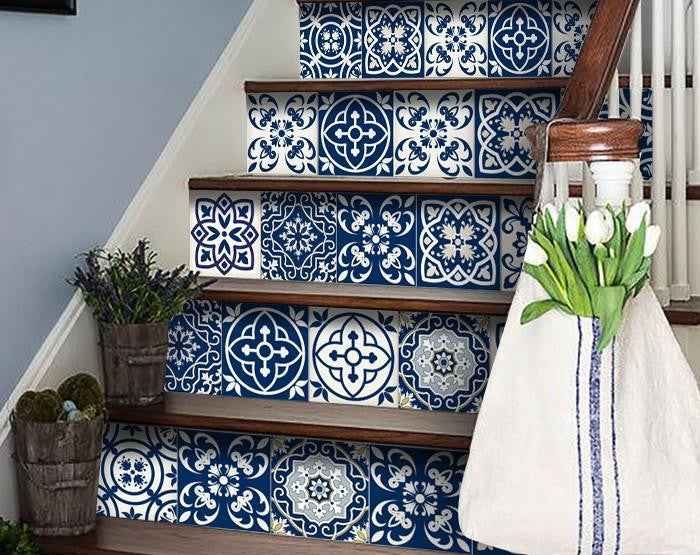 4" X 4" Midnight Blue And White Peel And Stick Removable Tiles