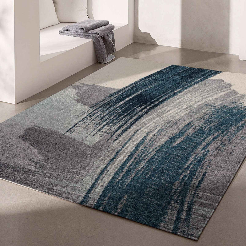 7’ X 9’ White And Blue Abstract Strokes Area Rug