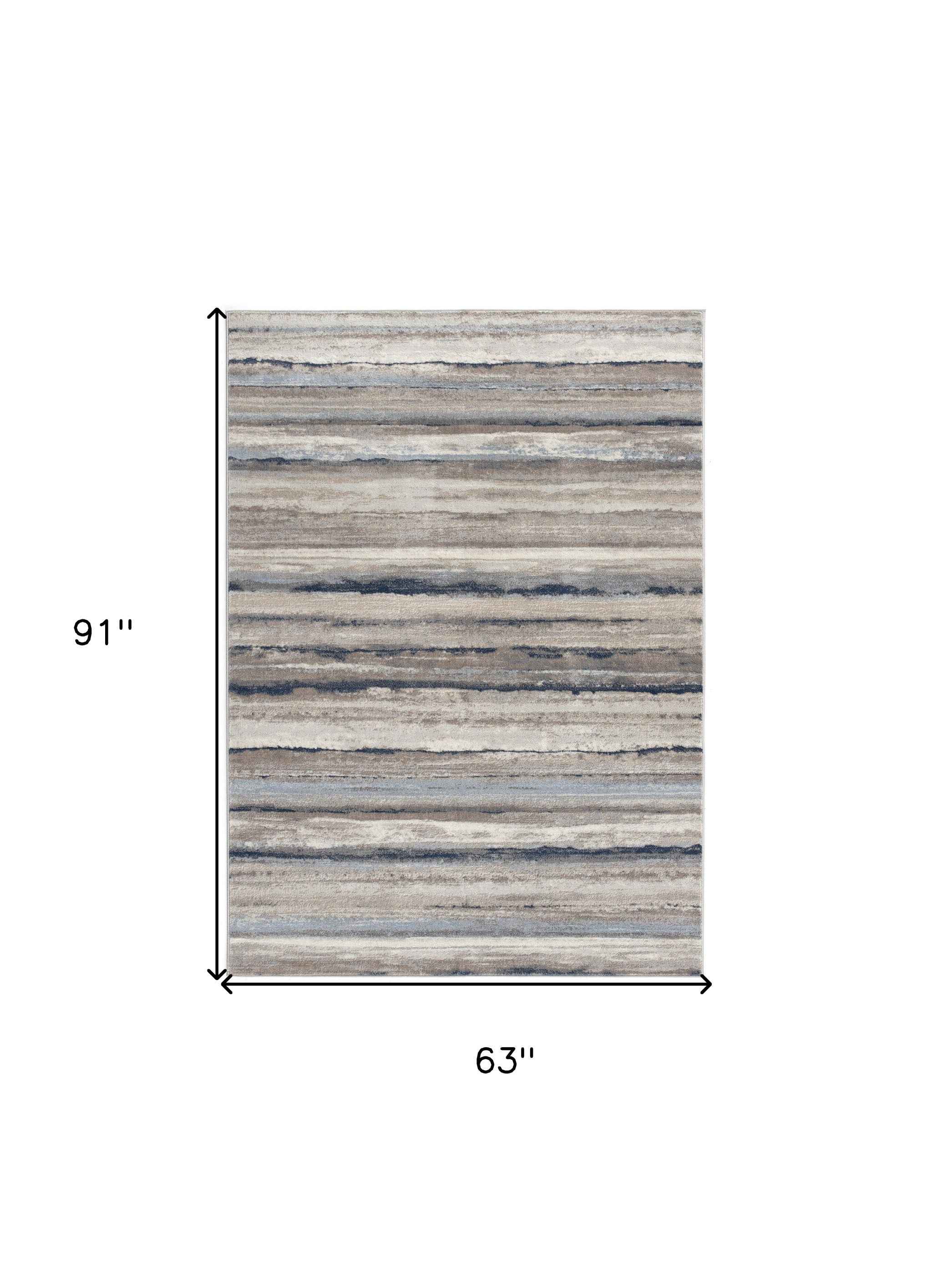 5’ X 8’ Blue And Beige Distressed Stripes Area Rug