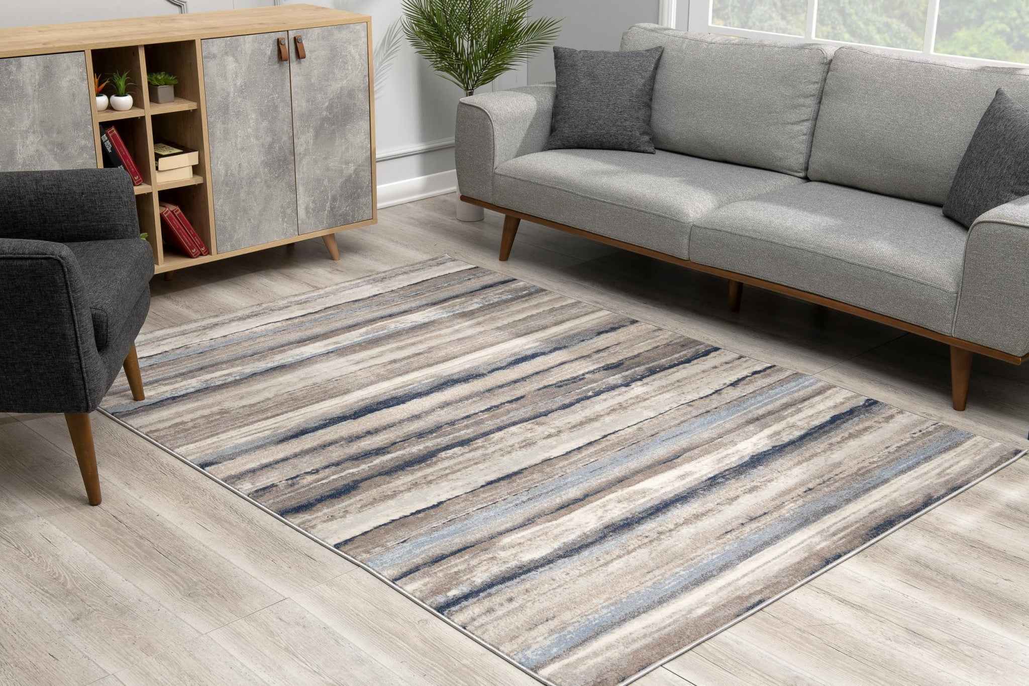 5’ X 8’ Blue And Beige Distressed Stripes Area Rug