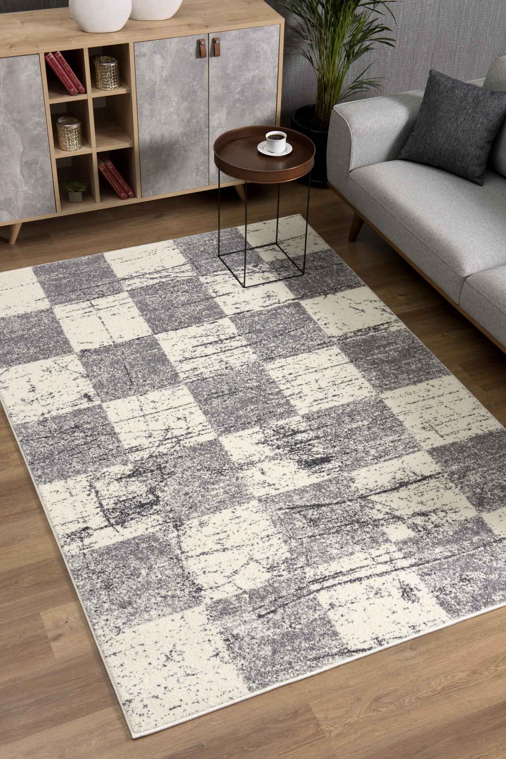 8’ X 11’ White And Gray Checkered Area Rug