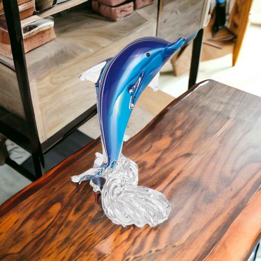 Murano Style Art Glass Dolphin Riding A Wave Sculpture