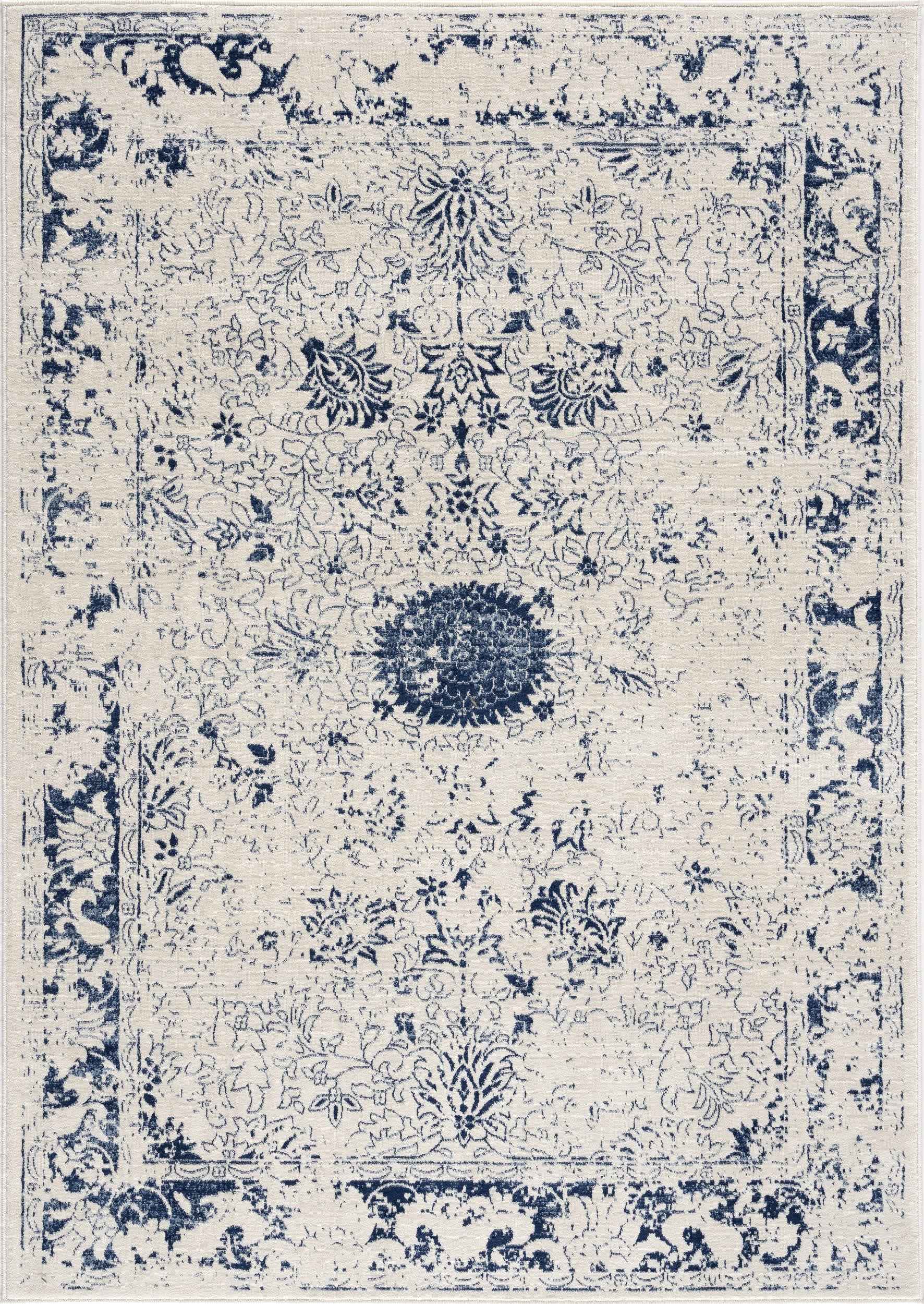 2’ X 5’ Navy Blue Distressed Floral Area Rug